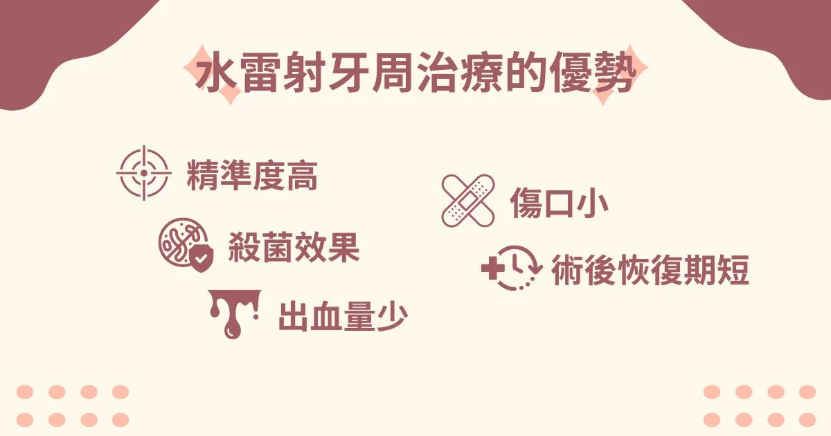 水雷射牙周治療費用高,專業醫師告訴你究竟好在哪? 1 水雷射牙周治療的優勢有精準度高、殺菌效果、出血少、傷口小、術後恢復期短